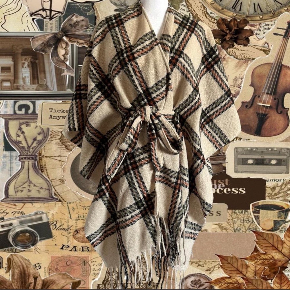 OS Nine West Plaid Fringe Poncho